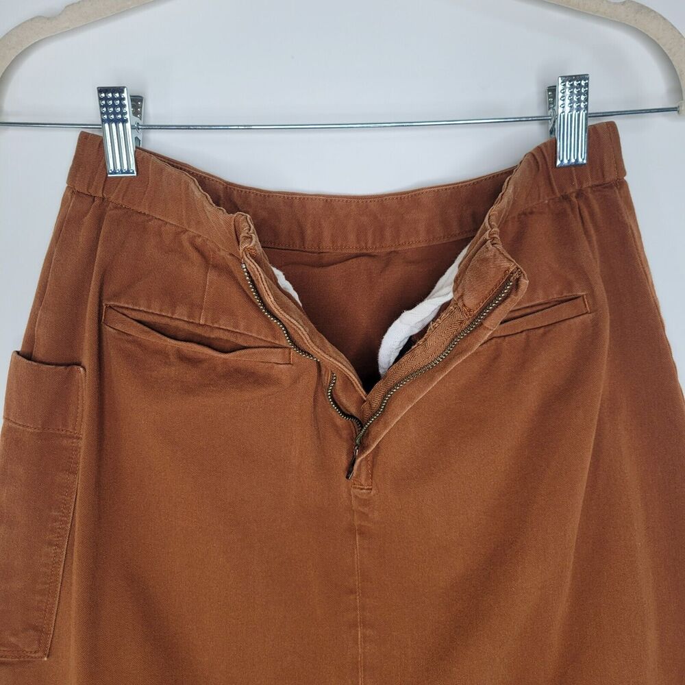 MUJI Brown Asymmetrical Pleat Midi Skirt Size S Cotton Pockets Chore Pocket Zip - Picture 6 of 9